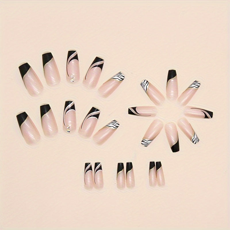 24pcs Medium-Length French-Style Ballet Press-On Nails, Black and White Zebra Print with Minimalist Rhinestone Design, Removable Press-On Fake Nails with Jelly Glue and Nail File, for Women and for Holidays, Parties, or Daily