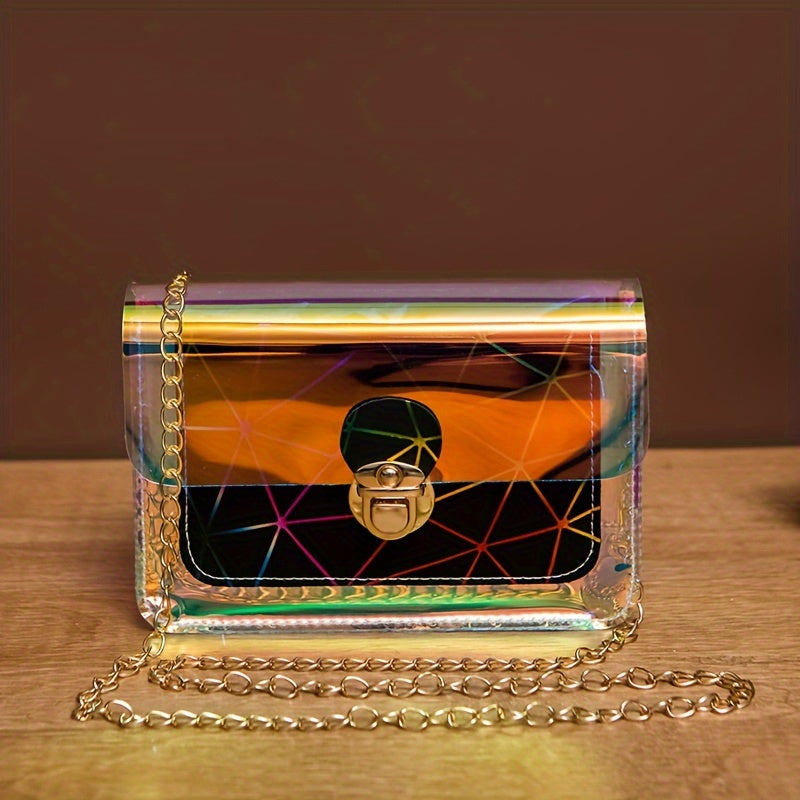 Chic Laser-Cut Transparent Crossbody Bag for Women - Fashionable Striped PVC Shoulder Purse with Chain Strap, Versatile & Colorful