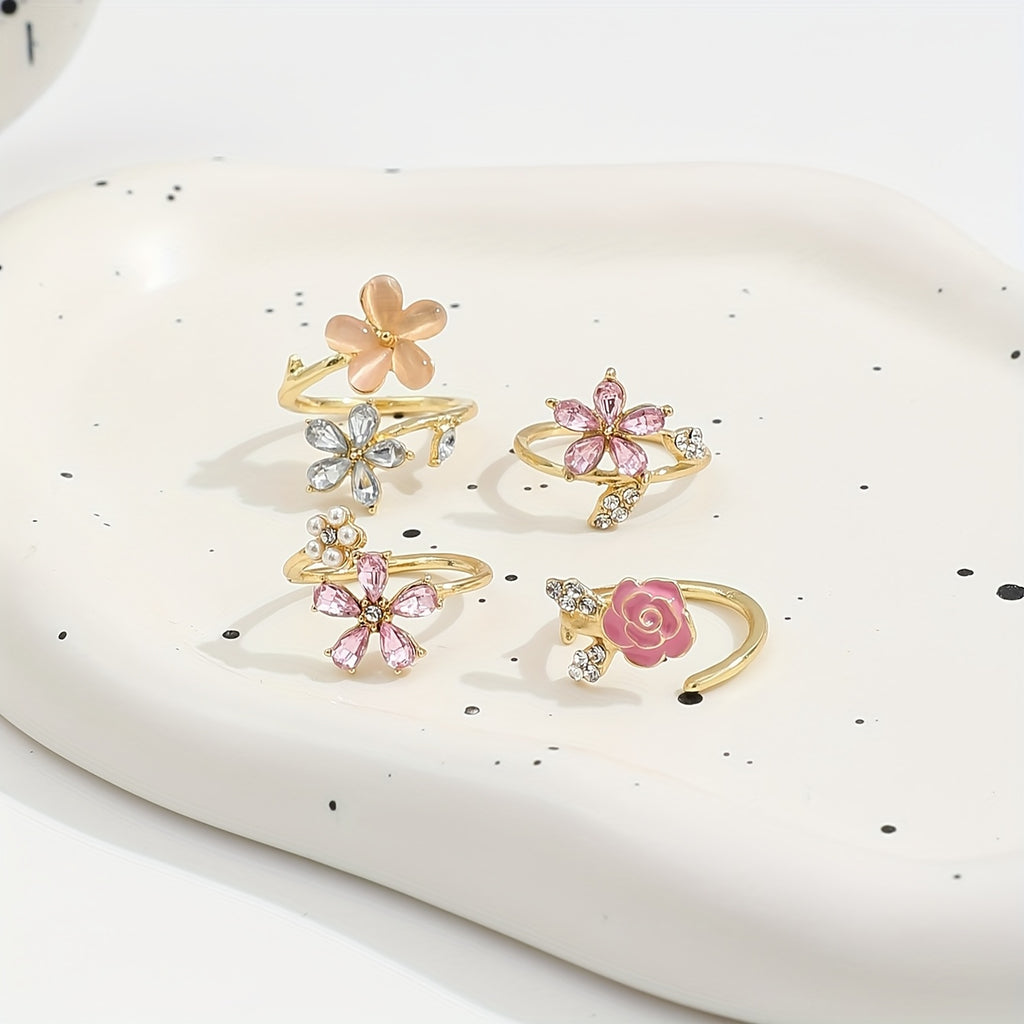 4pcs Set of Alloy Water Artificial Pearl Glazed Layered Rings. Fashionable Elegant Sexy Floral Pink Series, Water Artificial Pearl Sexy Flower Wedding