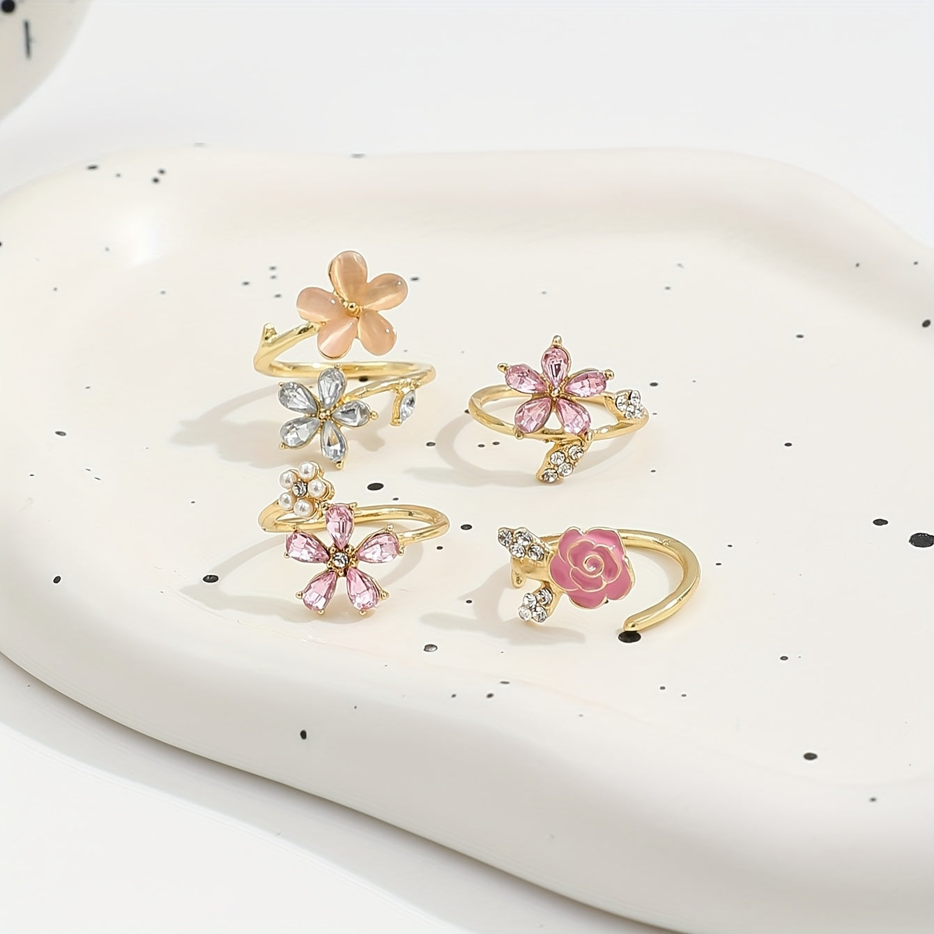 4pcs Set of Alloy Water Artificial Pearl Glazed Layered Rings. Fashionable Elegant Sexy Floral Pink Series, Water Artificial Pearl Sexy Flower Wedding