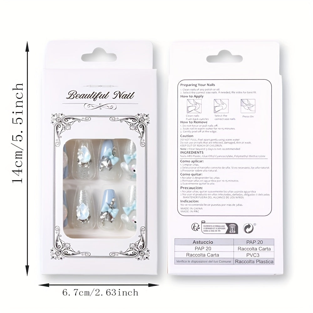 [Playful Nail Design] 24pcs Sanrio Cinnamoroll Press-On Nails | Silvery Glitter, Ballet Style, Full Cover, Glossy Finish, Cartoon Design, Medium Length, ABS Material, Manicure & Pedicure, Nail Art Accessories