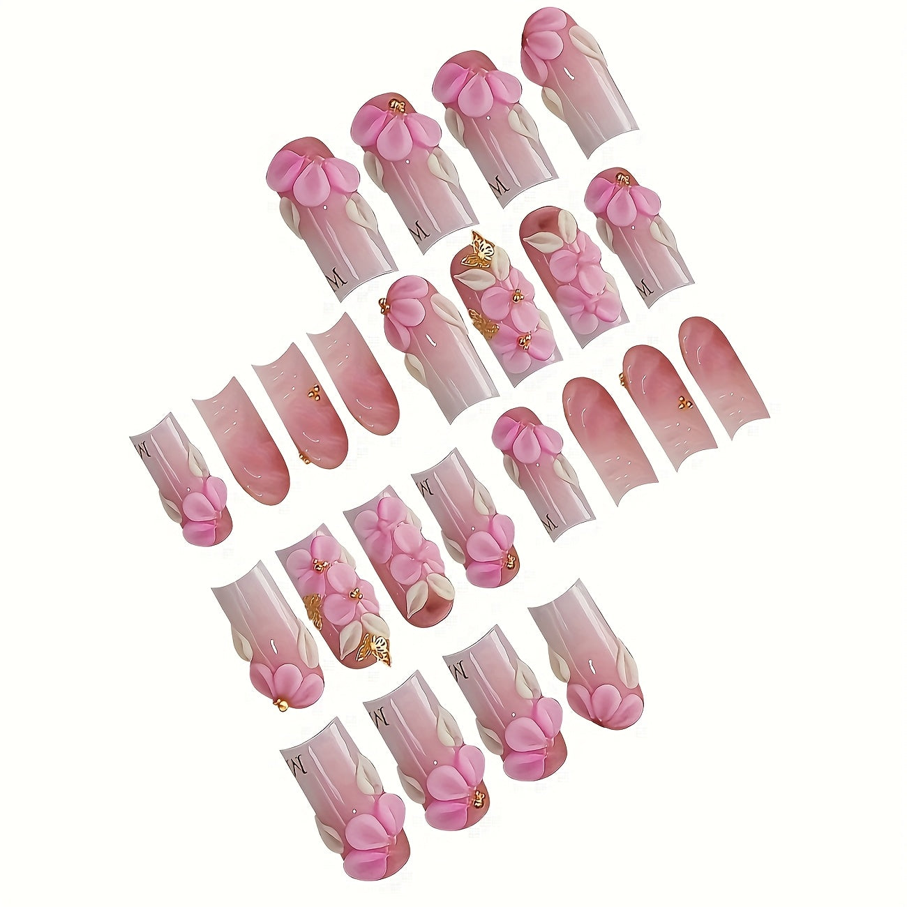 24pcs set of medium square French-style sweet floral elegant white-pink gradient light luxury 3D Golden butterfly glitter nails, suitable for all women and s. Comes with a nail file and jelly glue in the box for easy applicat