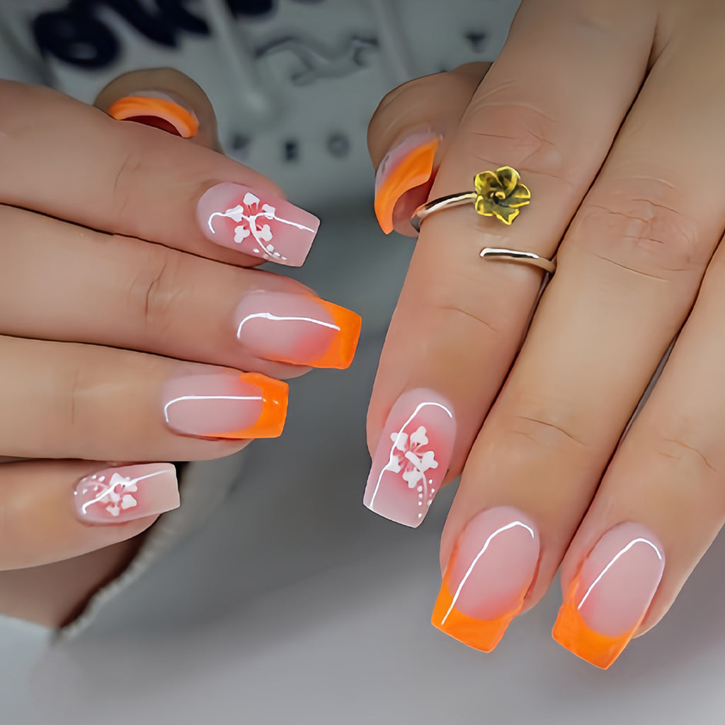 Enhance Your Beauty 24pcs Medium Square Classic Elegant Pumpkin Orange French-Style White Flower Stripe Dot Pink Gradient Ombre Glossy French-Style Fake Nails Fashion Versatile Press-On Nails for Spring Summer Women and Autum