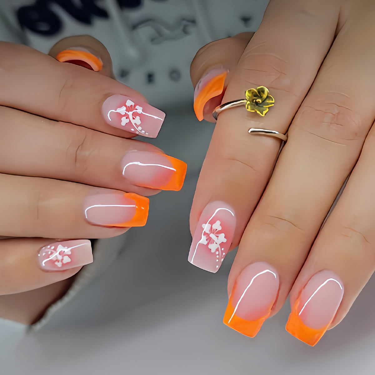 Enhance Your Beauty 24pcs Medium Square Classic Elegant Pumpkin Orange French-Style White Flower Stripe Dot Pink Gradient Ombre Glossy French-Style Fake Nails Fashion Versatile Press-On Nails for Spring Summer Women and Autum