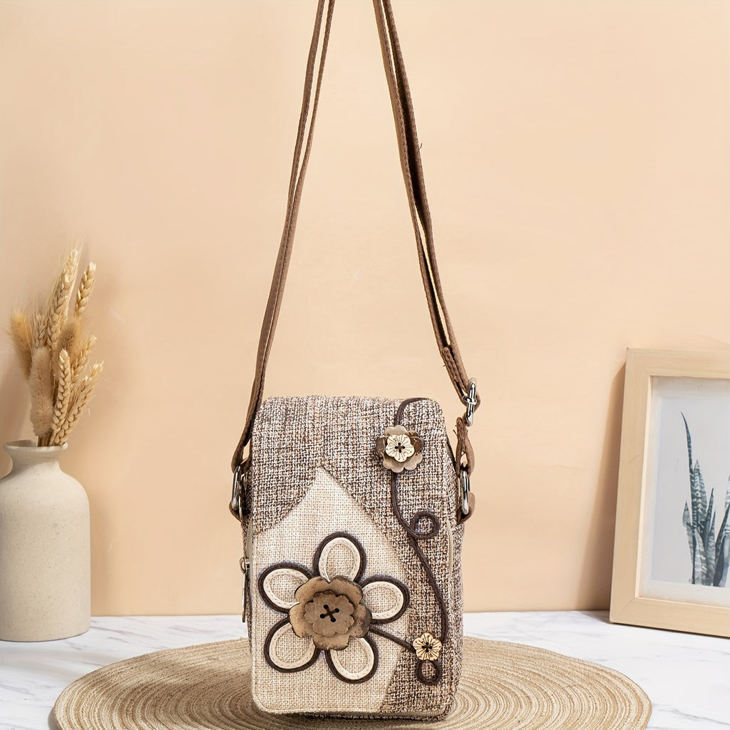 Women's Floral Design Phone Bag, Contrast Color Retro Style Crossbody Shoulder Bag With Adjustable Strap