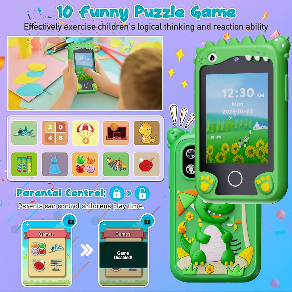 [Birthday/Christmas Gift] Kids Smart Phone with Touchscreen & Dual - Educational Learning Tablet, Compatible with 8GB SD Card, Charging, Parental Control - Birthday/Christmas Gift for Boys & Girls Ages 3-10 - Green Dinosaur D