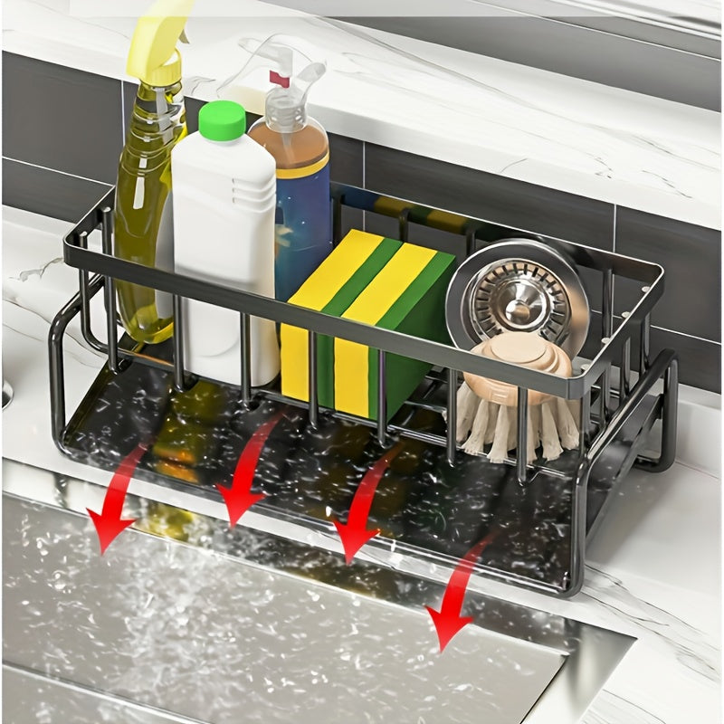 Heavy-Duty Metal Kitchen Sink Organizer Tray - Sink Drainage Rack with Built-in Sponge Holder, Dish Brush Slot - Space-Saving Countertop Organizer, Compatible with Standard Sinks - Easy to Clean Kitchen Storage Rack, Compact