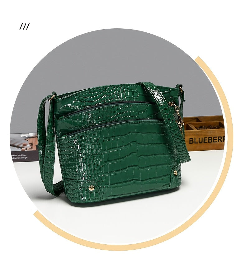 Shiny Crocodile Pattern Women'S Bag, PU Soft Shoulder Bag, Multi-Layer Crossbody Bag, Stylish And Versatile Large Capacity Bucket Bag.