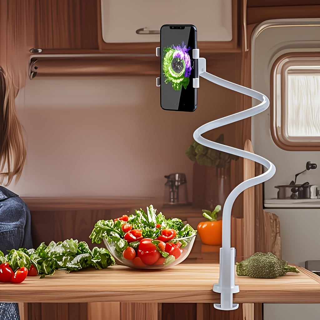 Phone and tablet stand with 360° swivel wheels, adjustable angle for flexible positioning, sturdy and durable design. Perfect as a bedside phone holder without straining your hands. Features an adjustable spiral base tension