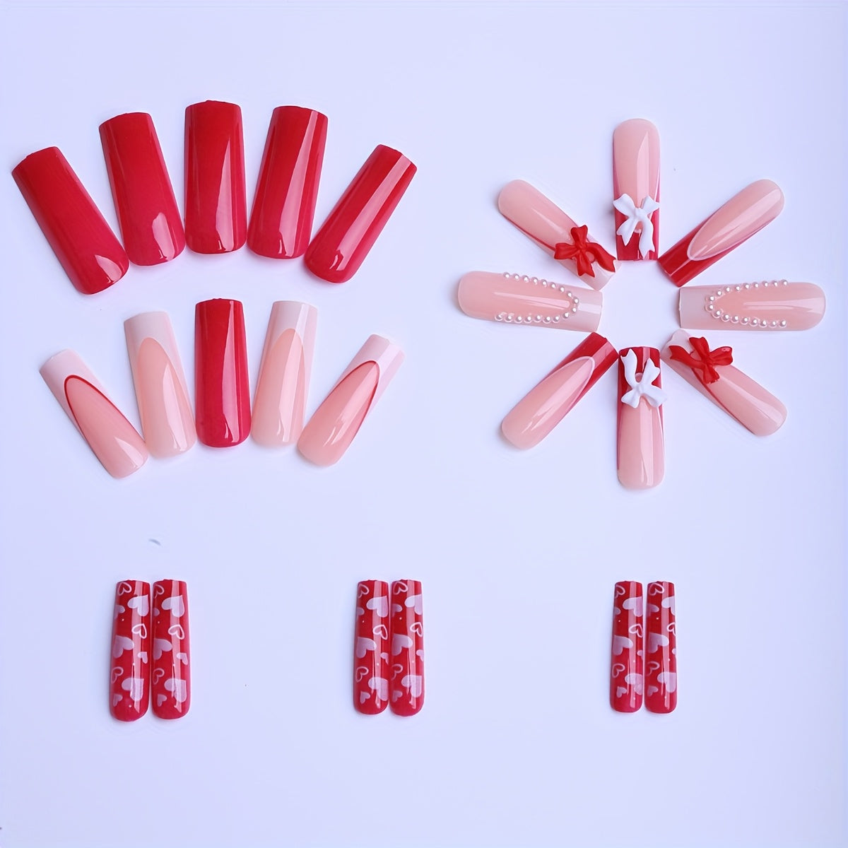 24pcs long square detachable portable wearablenails gift box, romantic French embellished with red and white ribbons, heart-shaped fashionable matching, detachable nainails, Nail Art, Romantic Design, Elegant Nails, Durable N