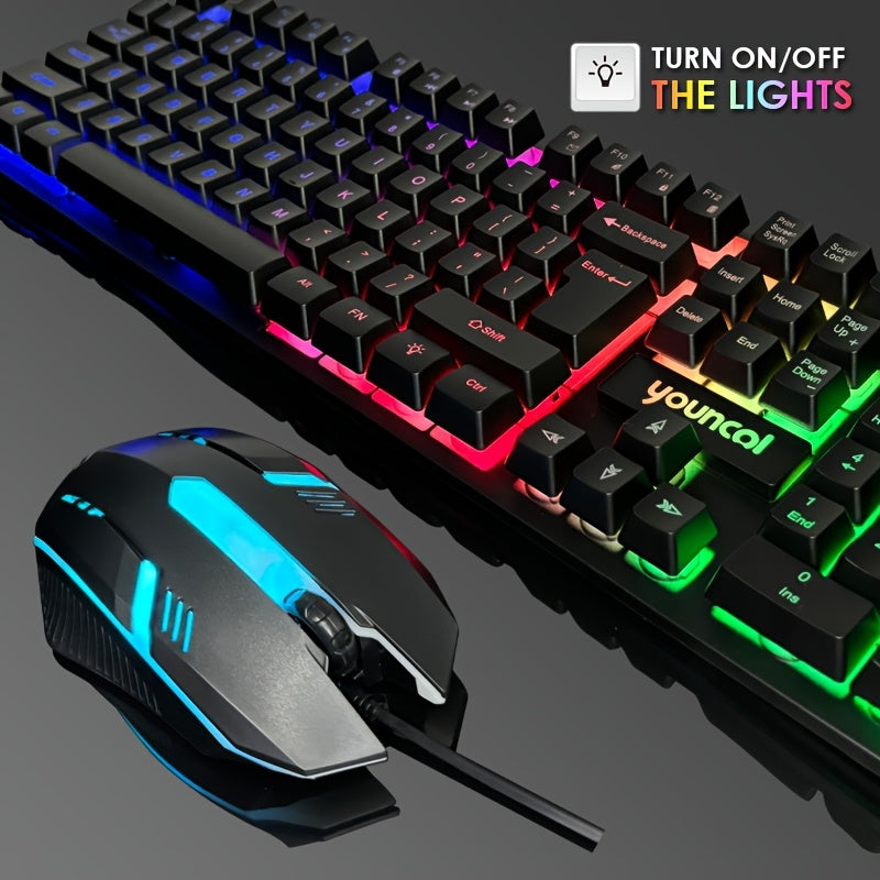 [Rainbow Backlit Gaming Set] Rainbow Backlit Wired Gaming Keyboard and Mouse Set | 19-Key Rollover, Adjustable Brightness, 2 Lighting Modes, Ergonomic Design, Hotkeys, Media Keys, USB Powered, No Battery, for Home Entertainme