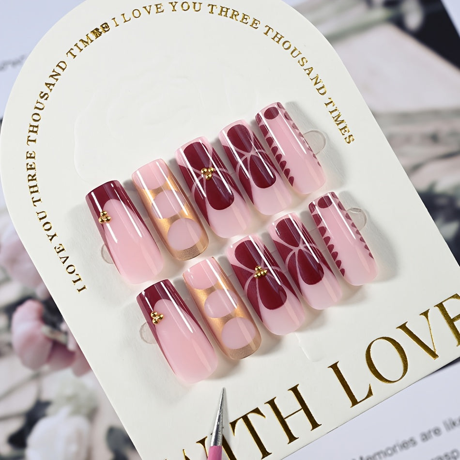 24pcs French Style Press On Nails Set - Glossy Pink, Red & Golden Ballet Shape Medium Length Fake Nails with Jelly Glue & Nail File, Easy Application Salon-Quality DIY Manicure Kit for, Parties, Weddings, Daily Wear (24 Nails