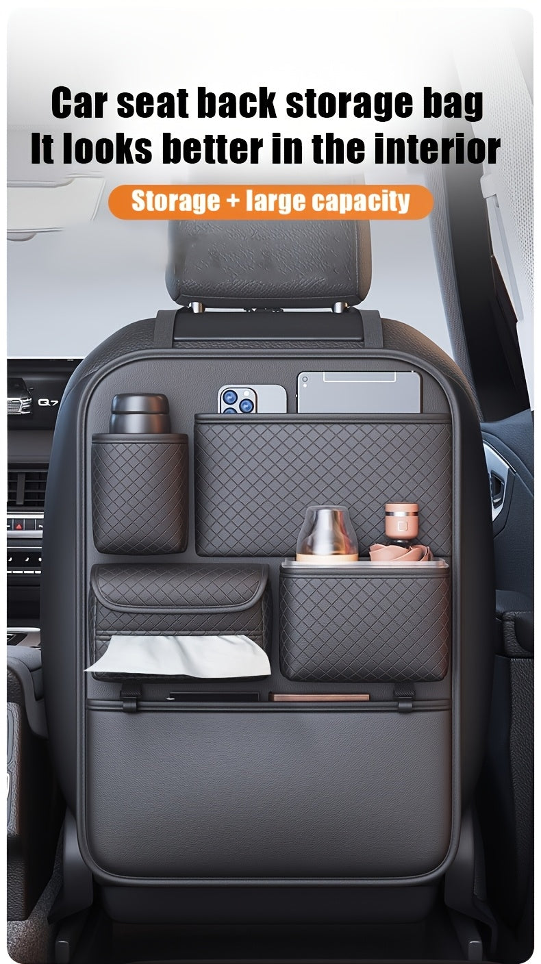 [2025 New PU Leather Car Bag] Universal Fit PU Leather Car Seat Back Organizer Bag | Multi-Layer Storage for Bottles, Tablets, Laptops & Accessories, Black, 2025 New | Stylish Car Organizer