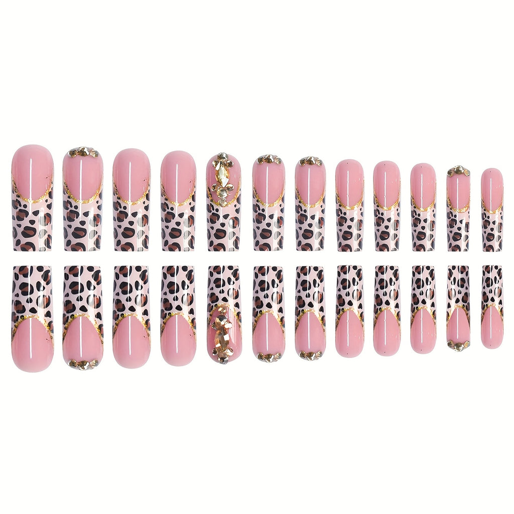 A Set of 24 Long Coffin-Shaped False Nails, Fashionable, Sweet And Cool Leopard Print, Luxurious Golden Diamond-Shaped Diamonds, Suitable for All Women And, Nail Polish And Jelly Glue Are Included in The Box, Easy to Stick An