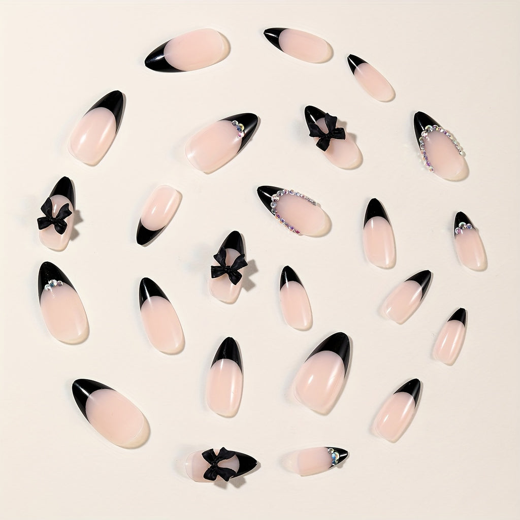 [Glossy Nails] 24pcs Press-On Almond Nails | French Tips, Bow & Rhinestone Design, Black & Pink Glitter, Medium Length, Full Coverage for Women's Daily Wear & Parties