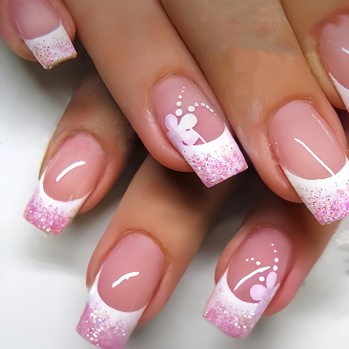 24pcs Show Your Beauty Chinese Style Medium Pink Floral Polka Dot Colorful Powder Shine Glossy French Press-On Nails Fashionable Versatile Wearable Nails Suitable for Spring and Summer Daily Wear for Women and Removable Press