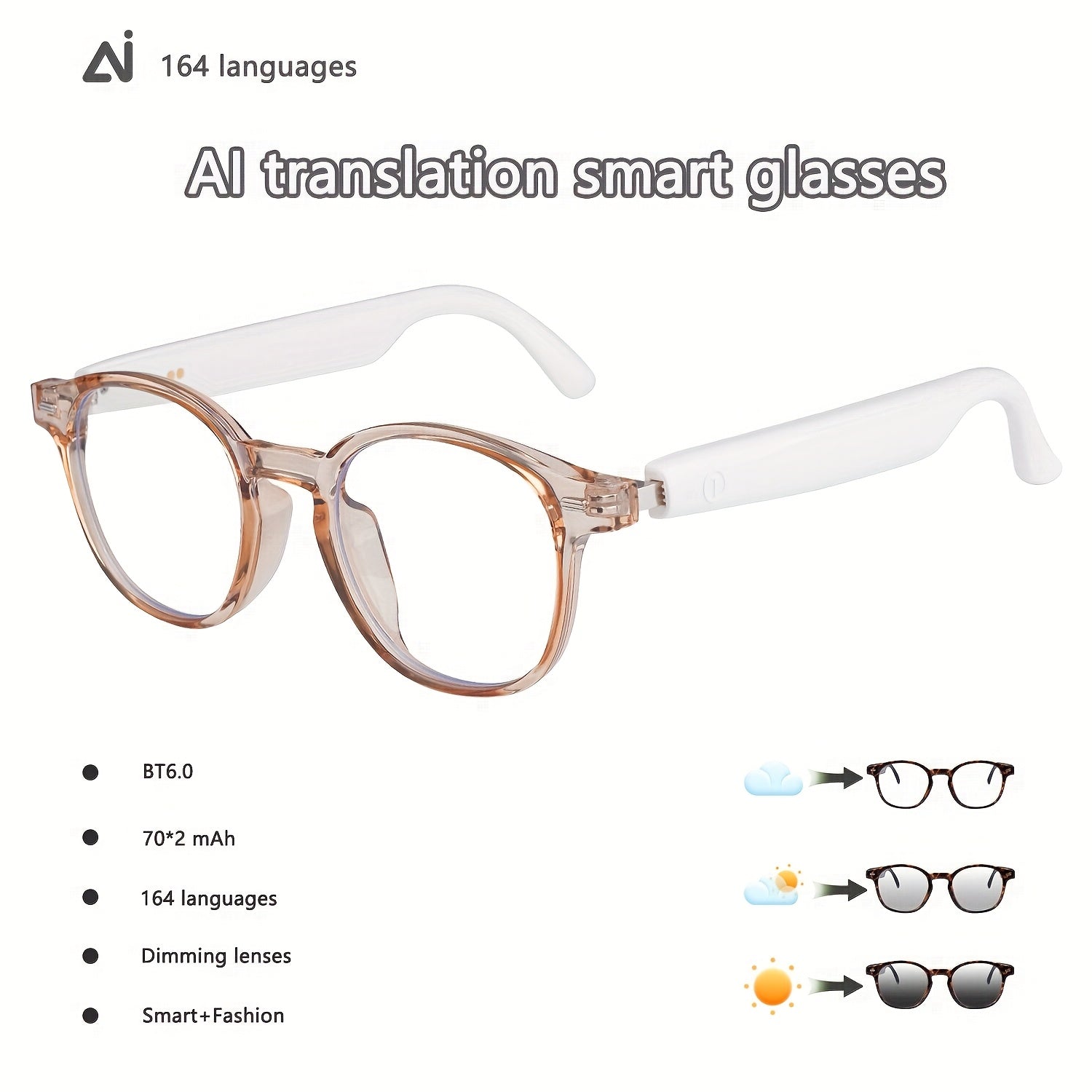 AI Smart Glasses with 160-Language Real-Time Translation & Chat GPT System, Built-in Microphone/Speaker, HD Voice Calls & HIFI Music, Physical Color-Changing Lens, Wireless, High Quality, Magnetic Charging, Long-Lasting Batte