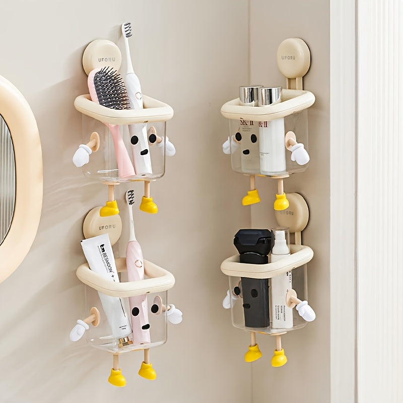 DIY Creative Cute Toothbrush Holder, Wall-Mounted No-Drill Suction Cup for Home Use, Bathroom Toothpaste Toothbrush Electric Toothbrush Cosmetic Organizer, Razor Makeup Brush Hanging Storage, High-End Multifunctional Transpar