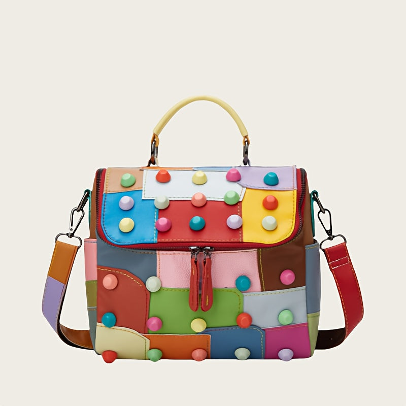 [Geometric Crossbody Bag] Light Brown Geometric Women's Crossbody Bag | Detachable Strap, Multi-Color Irregular Design, Zipper Closure, Spacious Tote with Back Pocket & Rivet Accents, Polyester Lining for Daily Commute & Casu