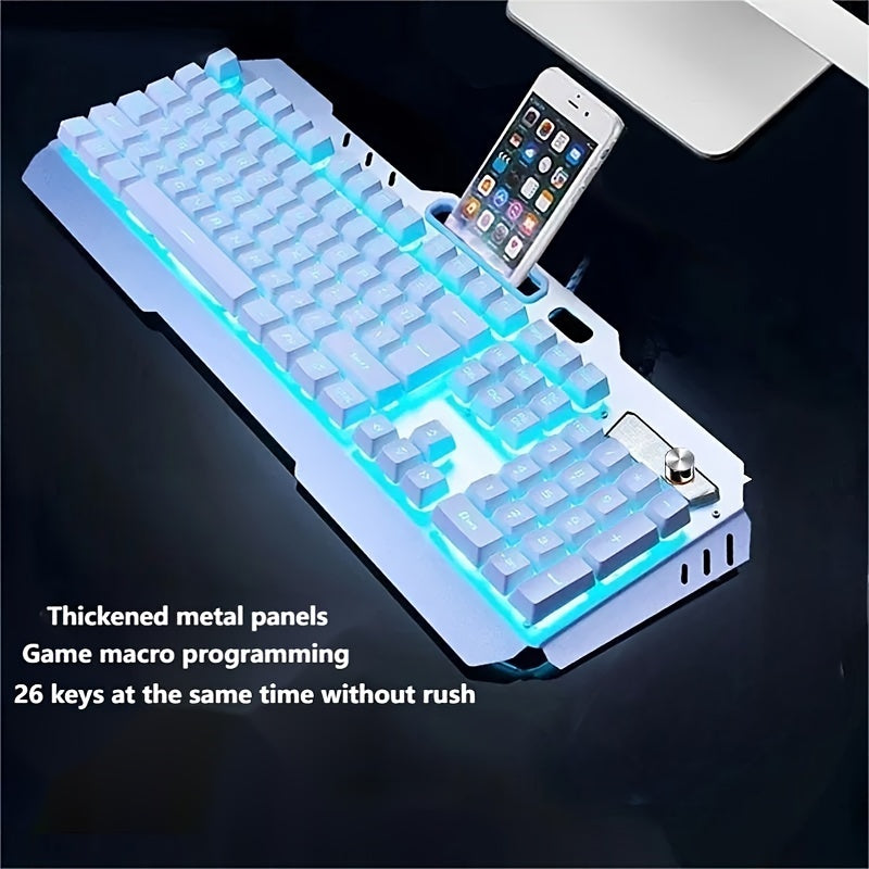 Ergonomic Gaming Keyboard - Wired, Faux Mechanical Feel, LED Color Backlight, USB Connection, 104 Keys Full Metal Panel, Multimedia Knob And Laptop Phone Holder Gift for Your Family Boyfriend