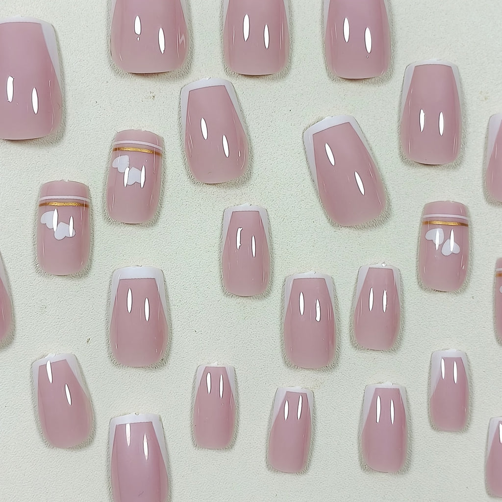 24pcs/48pcs Of White French Short Square Nail Set, with Glossy Surface And Artistic Lines, Cute Fake Nails, Heart-shaped Pattern Nail Sticker Set, with Jelly Glue And Nail Polish, Perfect for Parties, Gatherings, And Daily We