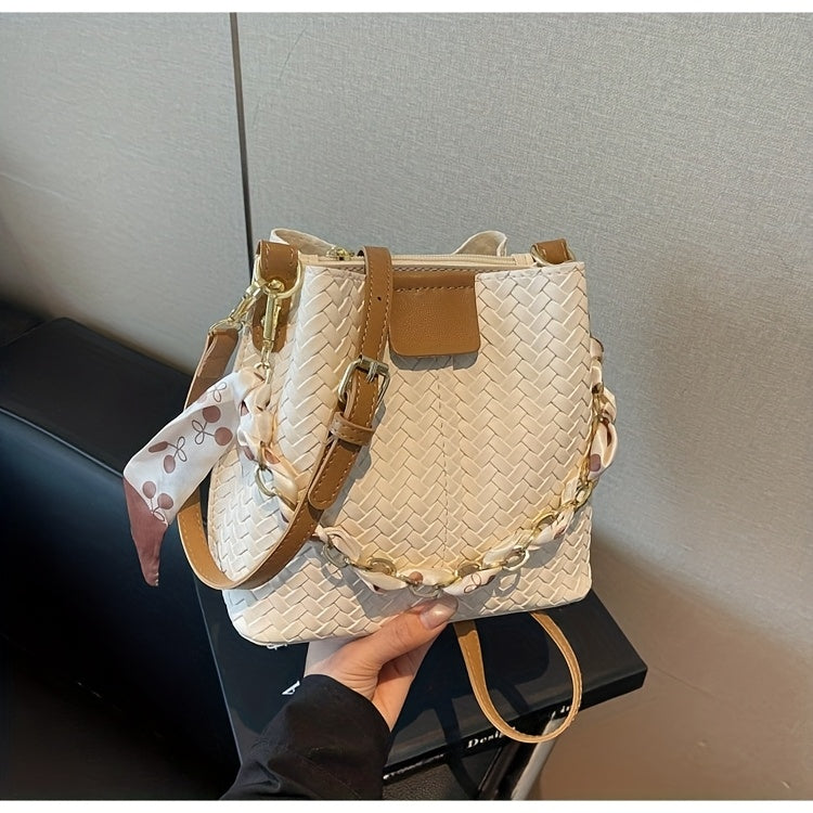 Women's Woven Tote & Bucket Bag - Convertible Crossbody/Handbag with Golden-Tone Hardware, Beige/Black Detachable Strap, Retro Woven-Pattern Shoulder Purse for, Casual & Formal Events (Adjustable, Snap Closure)