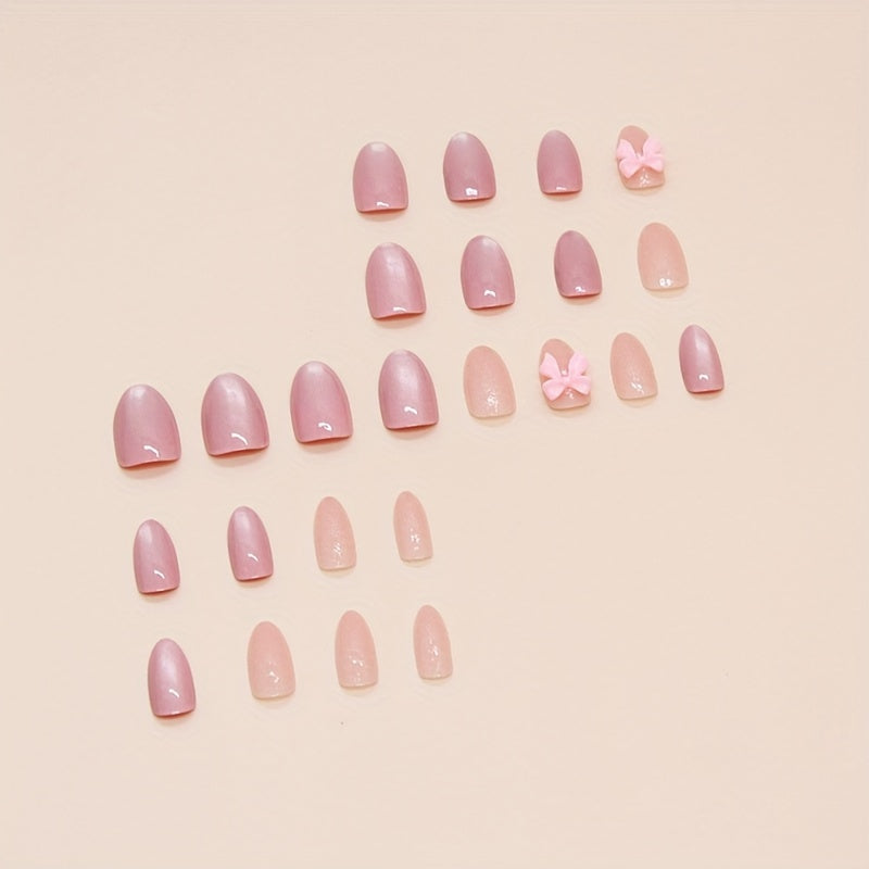 Almond Shape Short Press-On Nails with Glossy Pink Bow Design - Reusable Fake Nails for Women, Easy Apply & Remove, Elegant Everyday & Special Occasion Nail Art