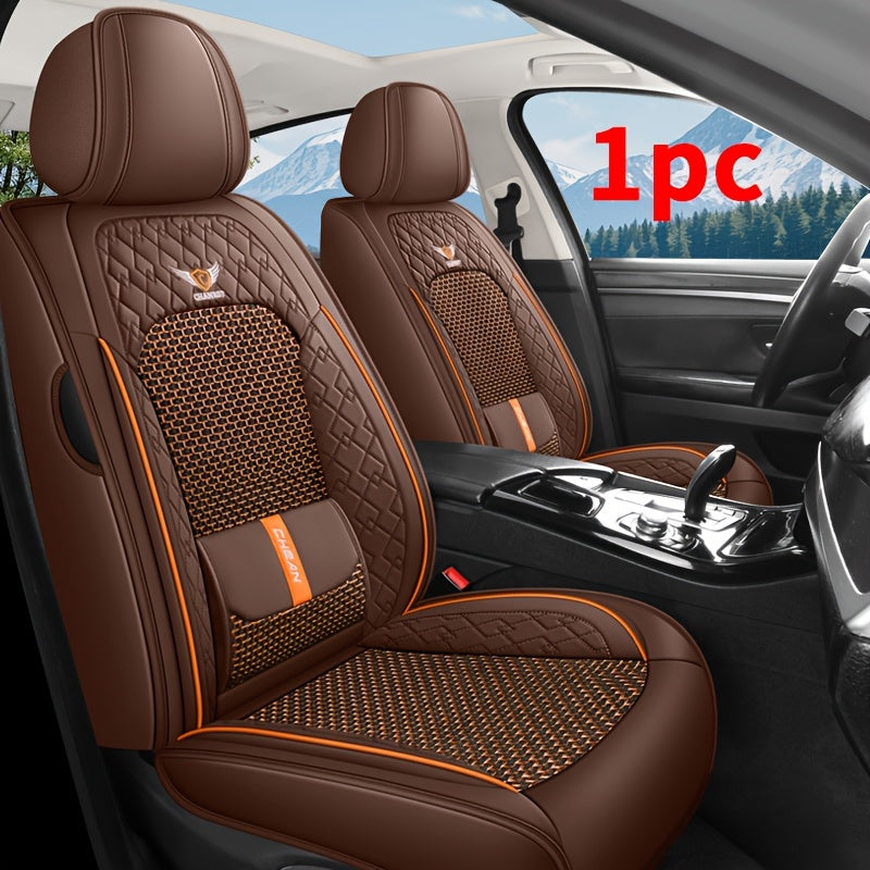 Premium 1pc Car Front Seat Cover PU Leather + Ice Slippy Fiber Fabric Full Coverage Summer Car Seat Protector