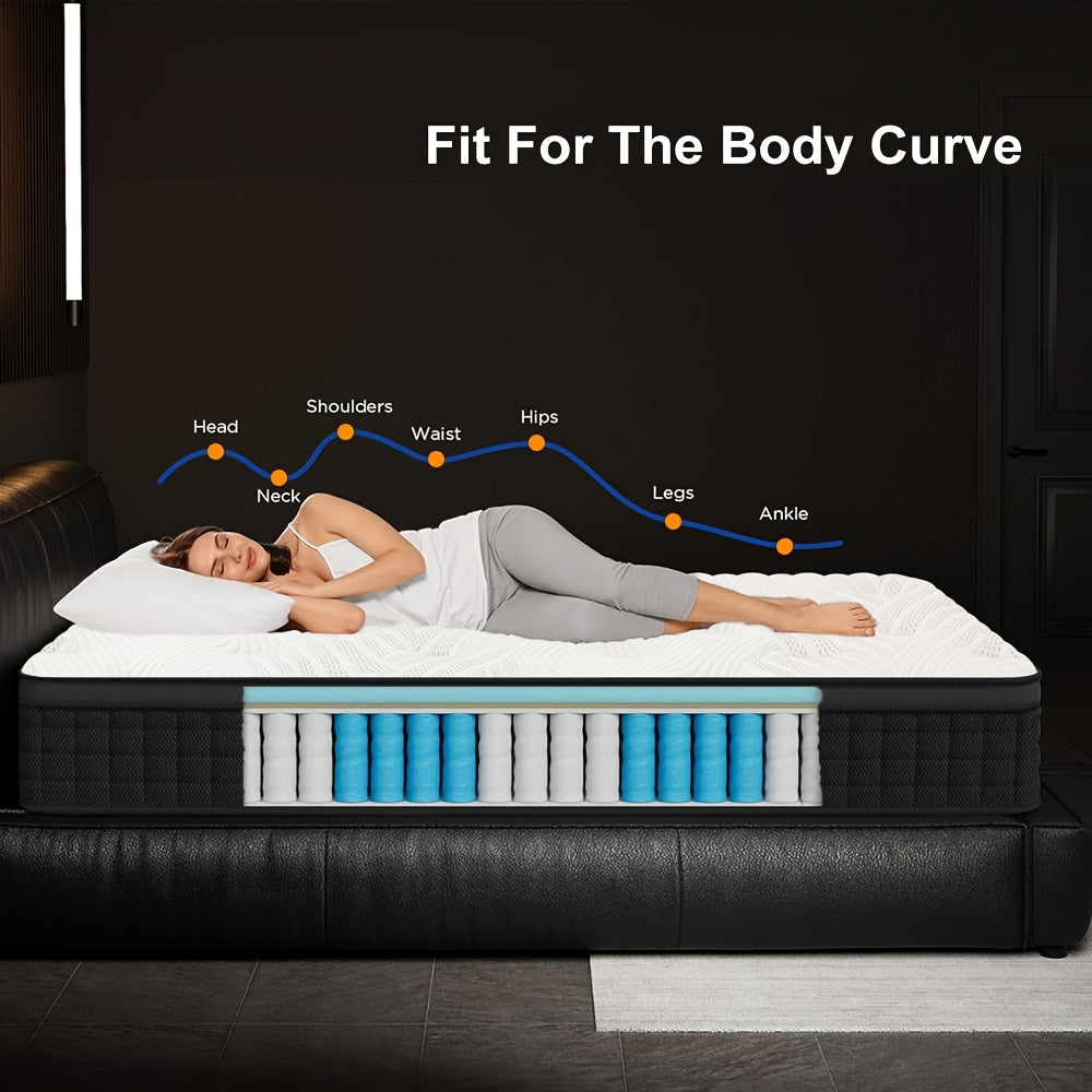 MRH 12-Inch White Box-Style Hybrid Mattress with Memory Foam & Individually Pocketed Springs - Fire-Resistant, Firm Support for Home Guest Rooms & Hotels, No Power Needed, Durable & Comfortable Sleep Solution, Hotel Bedding,