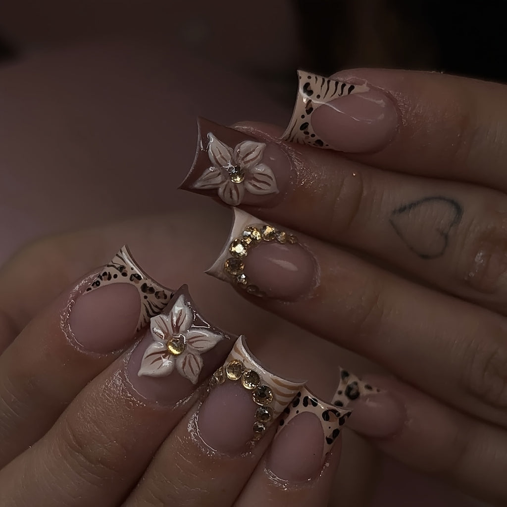 24pcs Brown Leopard Print Pointed Press-On Nail Patches - Ultra-Short Square, Golden Bead Nail Edge Inlay, 3D Brown Carving, Full Coverage Nails, Including (A Piece of Jelly Glue And a Nail File), Perfect Manicure Choice for