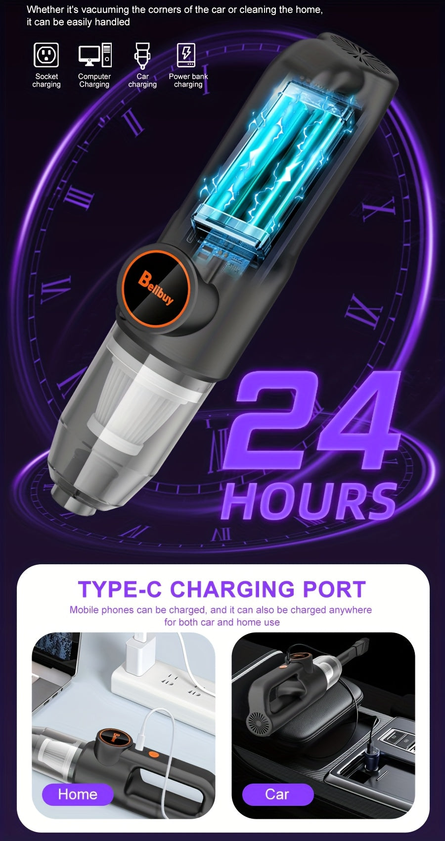 [Super Powerful Cordless Vacuum] BELIBUY 200W Super Powerful Cordless Handheld Vacuum Cleaner | 3KPa Suction, Portable Lightweight Design with Integrated Blower & Crevice Tool, Rechargeable Battery, USB Charging for Home & Ca