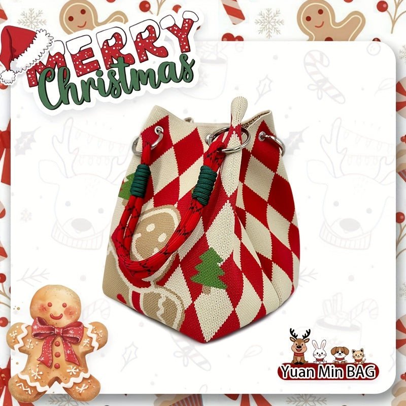 Gingerbread for Man Knitted Handbag/Festive Red & Checkered Design with Magnetic Closure, Removable Strap, and Golden Accents/Perfect Christmas Gift for Women, Holiday Accessory, Playful Design, Magnetic Closure Bag