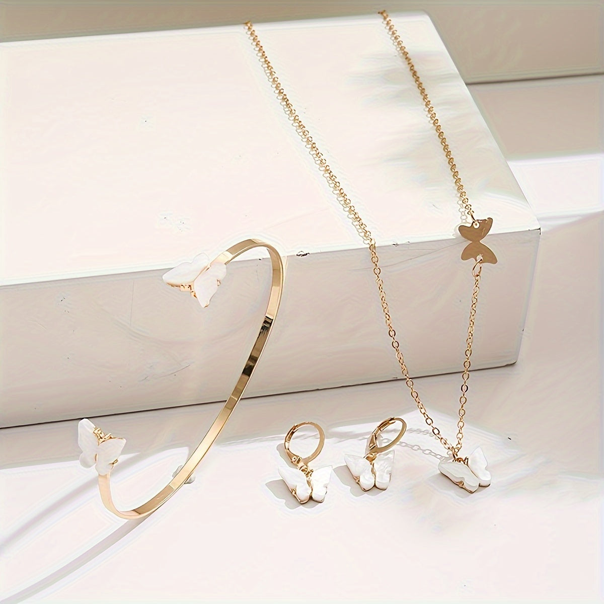 [Minimalist Jewelry] 4pcs Minimalist Butterfly Jewelry Set | Korean Open Bracelet Necklace Earring for Women, Perfect Gift