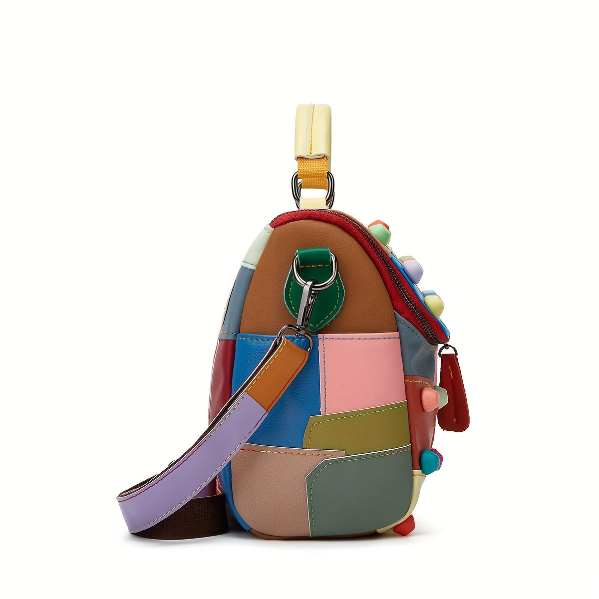 [Geometric Crossbody Bag] Light Brown Geometric Women's Crossbody Bag | Detachable Strap, Multi-Color Irregular Design, Zipper Closure, Spacious Tote with Back Pocket & Rivet Accents, Polyester Lining for Daily Commute & Casu