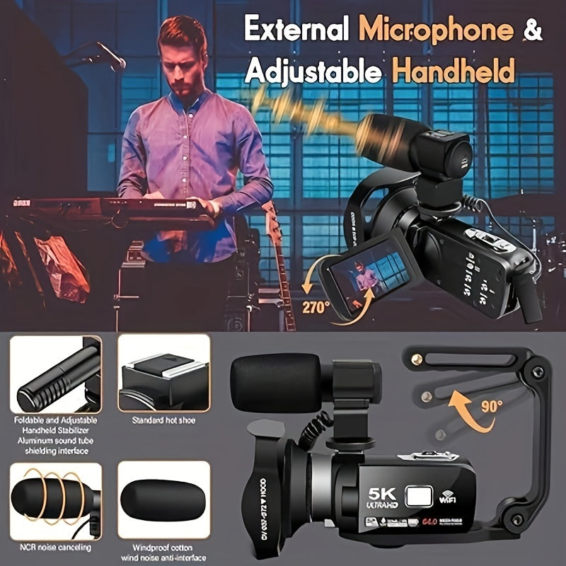 DINGETU 5K 64MP WiFi Camcorder, Night Vision 18X Zoom 3.0" Touch Screen, Vlogging Camera for YouTube Outdoor Recording, Compatible with PC, 32GB SD Card Bundle Remote Control Microphone Included