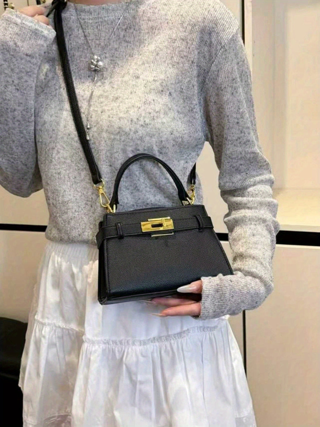 Women'S Elegant Business Casual Handbag - Structured Tote with Golden-Tone Hardware & Buckle Closure, Structured Crossbody Bag with Golden-Tone Hardware, Durable & Easy-clean Design For Office, Work, Travel - Perfect Mother'S