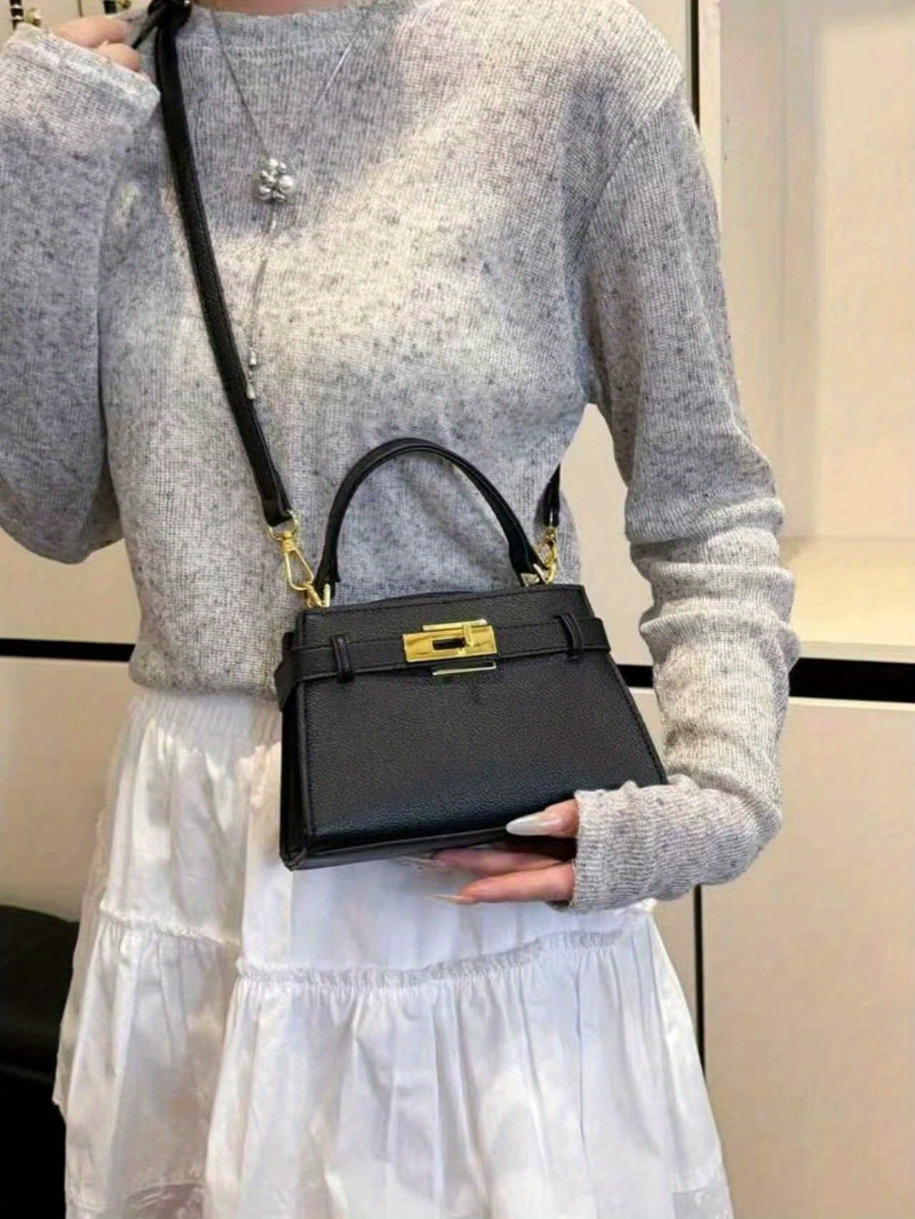 Women'S Elegant Business Casual Handbag - Structured Tote with Golden-Tone Hardware & Buckle Closure, Structured Crossbody Bag with Golden-Tone Hardware, Durable & Easy-clean Design For Office, Work, Travel - Perfect Mother'S