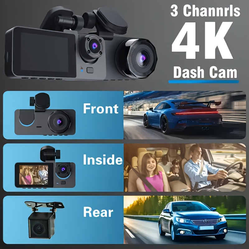 Front 4K/ Built- 1080P Three-Channel Front and Rear Built-in Dash Cam, Full HD Car DVR with Infrared Night Vision Function, Loop Recording, Includes 32/64GB SD Card, WDR, 24-Hour Parking Mode - Birthday Gift YX15, Road Trip C