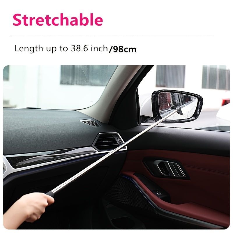 Stainless Steel 2-in-1 Portable Retractable Wiper - Compact & Versatile for Car Rearview Mirrors, Windshields, Glass & Shower Cleaning, Pink Handle