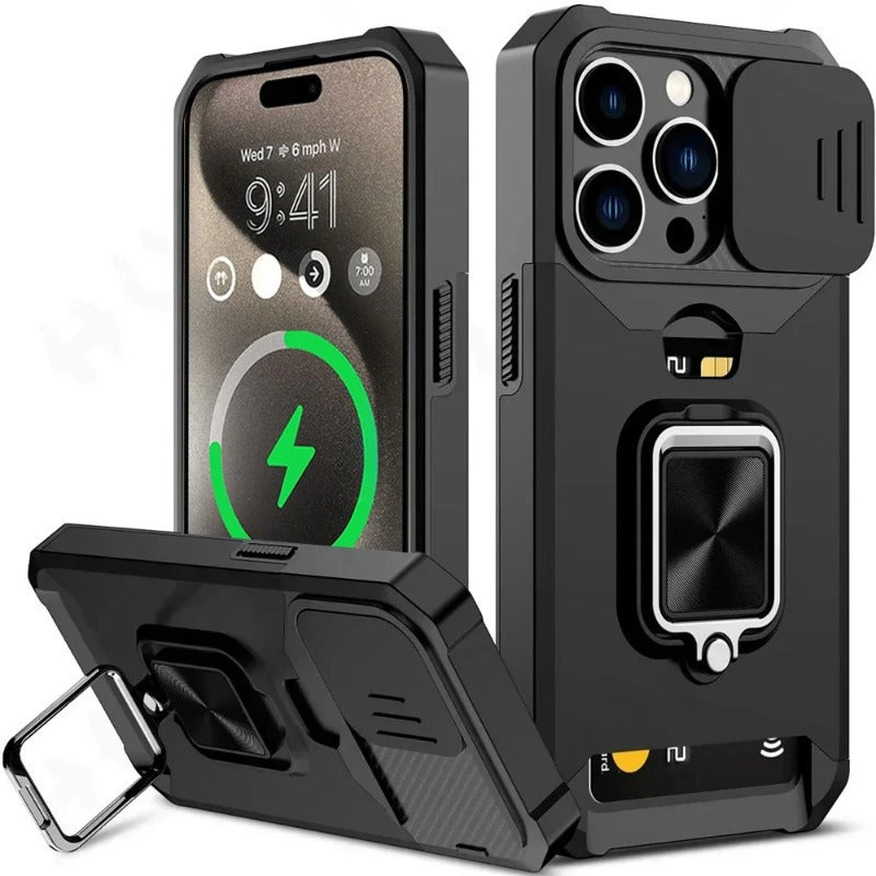 A Protective Case Suitable for Iphone 16, 15, 14, 13, 12, And 11 Pro Max And Plus Models, Featuring a Sliding Camera Slot And a Ring Stand.