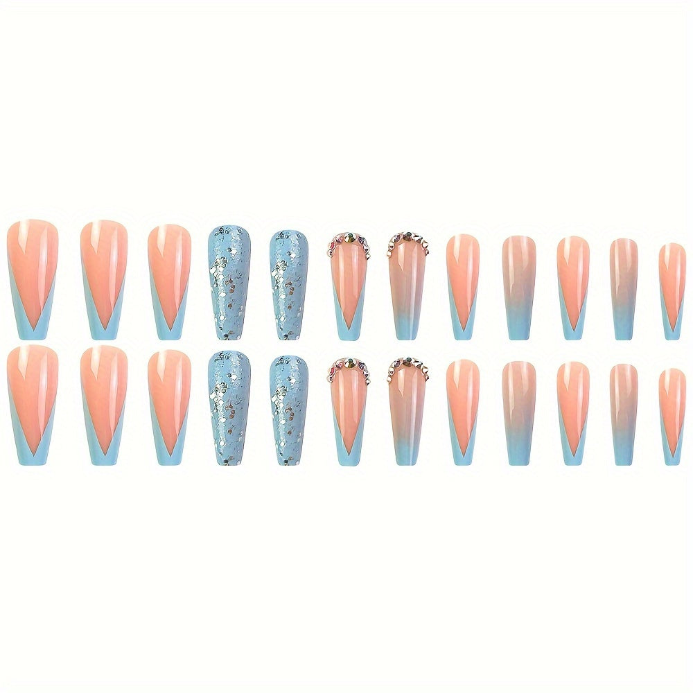 24pcs Glossy Long Ballerina Press On Nails, Pinkish And Blue French Tip Fake Nails with Rhinestone Design, Reusable False Nails for Women Girls