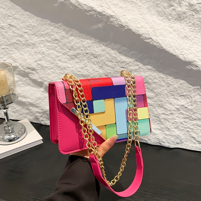 [Lightweight Shoulder Bag] Lightweight Magnetic Closure Color Block Shoulder Bag for Girls | Fashionable Casual Style, Artificial Leather, No Wash, Adjustable Strap, Unlined, Perfect for Outings