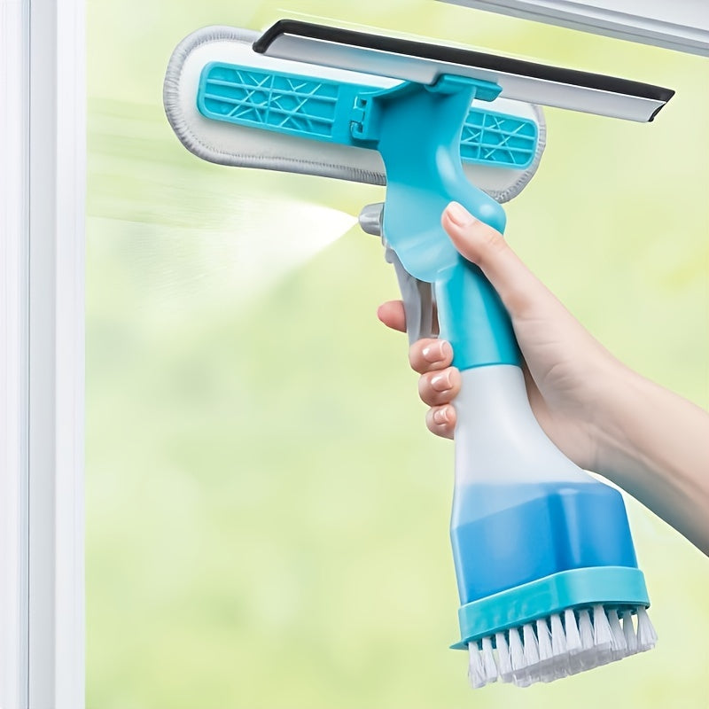 4-in-1 Glass Cleaner with Spray, Scraper & Brush Attachments - Heavy-Duty Window, Shower, Mirror, Cleaner with Handle, Quick-Dry Squeegee & Water Storage System - Streak-Free, Durable Plastic for Bathroom, Kitchen, Living Roo