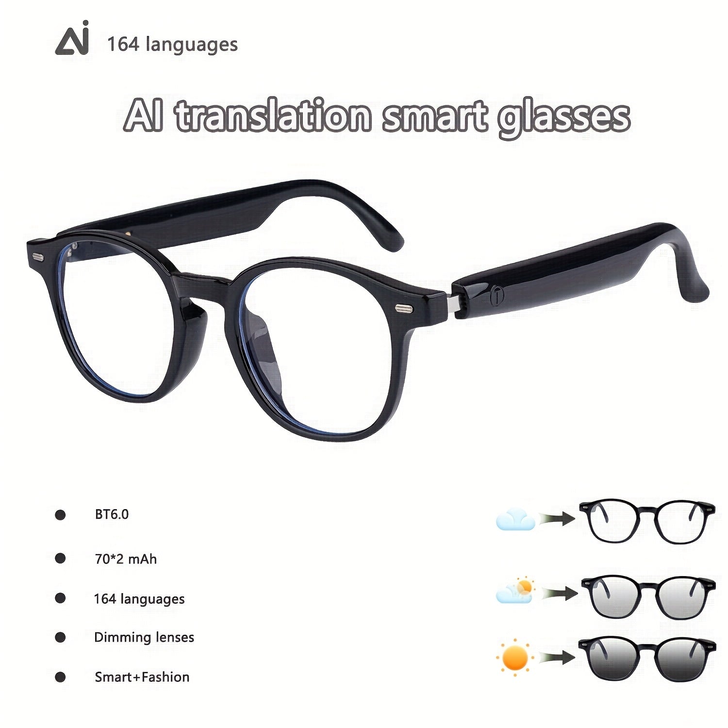 AI Smart Glasses with 160-Language Real-Time Translation & Chat GPT System, Built-in Microphone/Speaker, HD Voice Calls & HIFI Music, Physical Color-Changing Lens, Wireless, High Quality, Magnetic Charging, Long-Lasting Batte