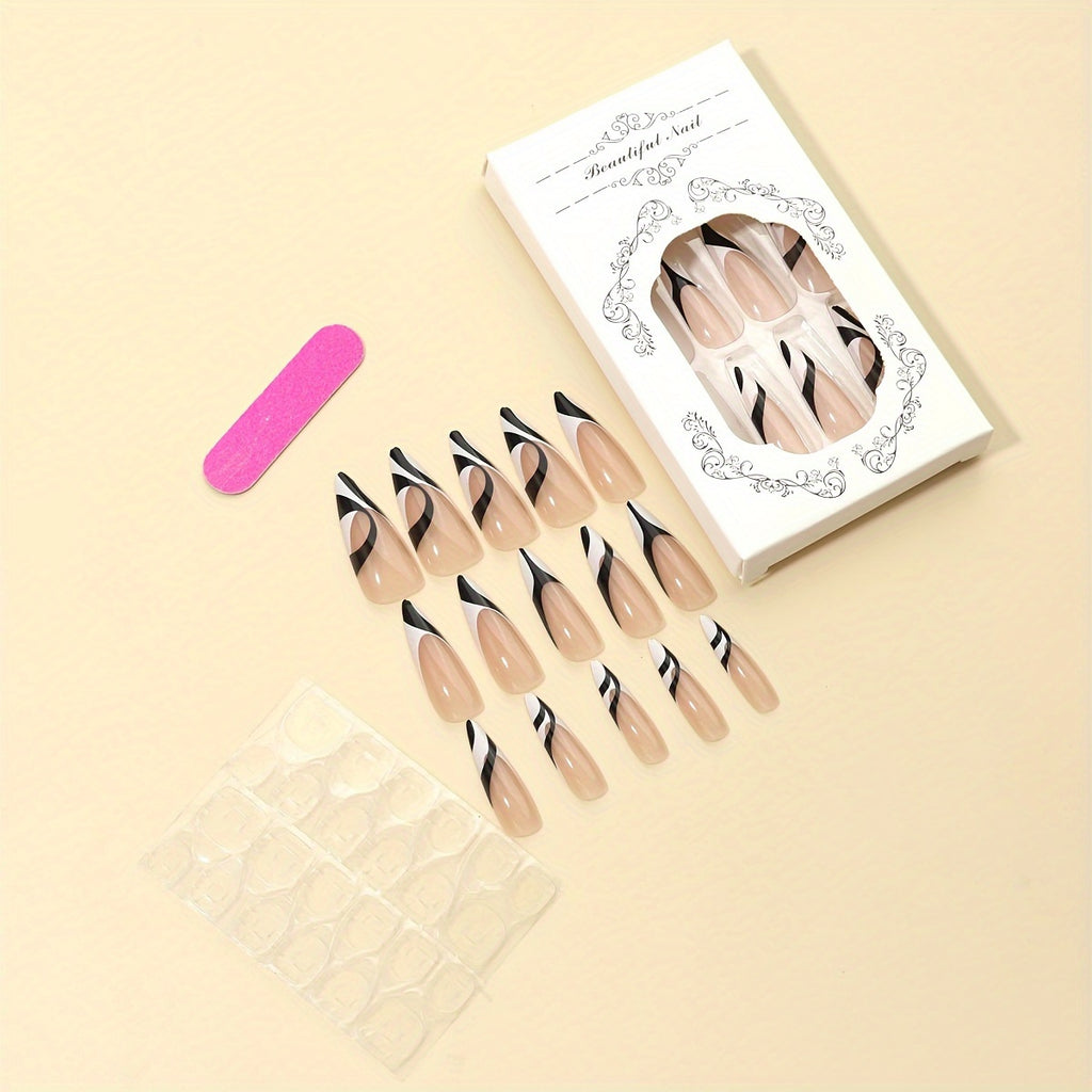 24pcs Long Stiletto Nail Tips, Black and White Minimalist French Style for Prom, Includes 1 Nail File + 1 Jelly Glue, Special Occasion Nails, Nail Art, Elegant Nails, Geometric Nail Design, Highquality Nails, Durable Tips, Pr