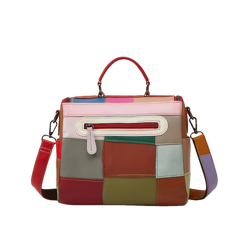 [Geometric Crossbody Bag] Light Brown Geometric Women's Crossbody Bag | Detachable Strap, Multi-Color Irregular Design, Zipper Closure, Spacious Tote with Back Pocket & Rivet Accents, Polyester Lining for Daily Commute & Casu