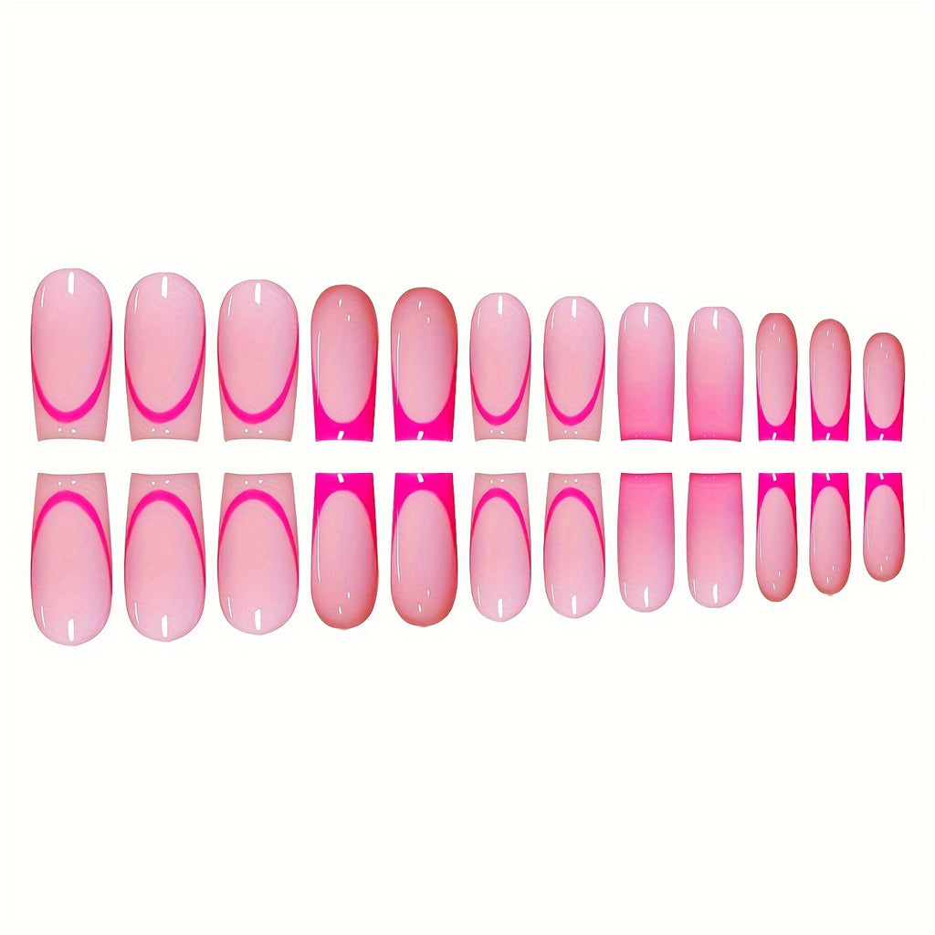 24pcs Pink Square Medium Length Press-On Nails with Glossy French Gradient Design, Fashionable Sweet Simple Style, Removable for All Women and Girls, Includes 1 Gel and 1 Nail File