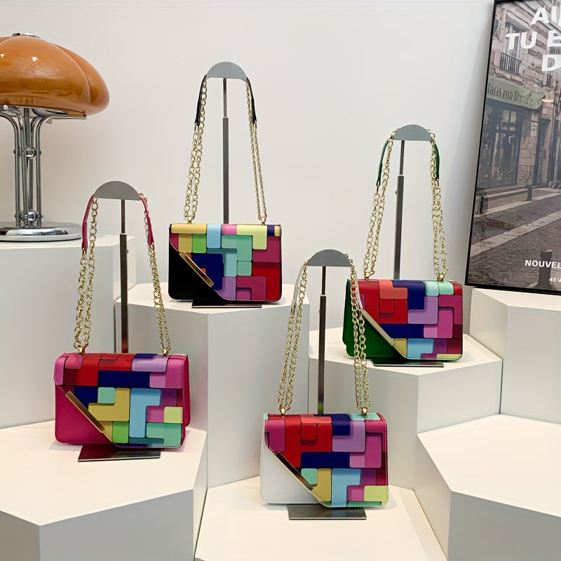 [Lightweight Shoulder Bag] Lightweight Magnetic Closure Color Block Shoulder Bag for Girls | Fashionable Casual Style, Artificial Leather, No Wash, Adjustable Strap, Unlined, Perfect for Outings