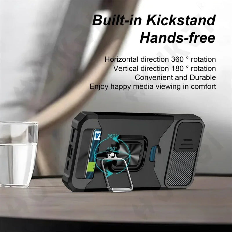 A Protective Case Suitable for Iphone 16, 15, 14, 13, 12, And 11 Pro Max And Plus Models, Featuring a Sliding Camera Slot And a Ring Stand.