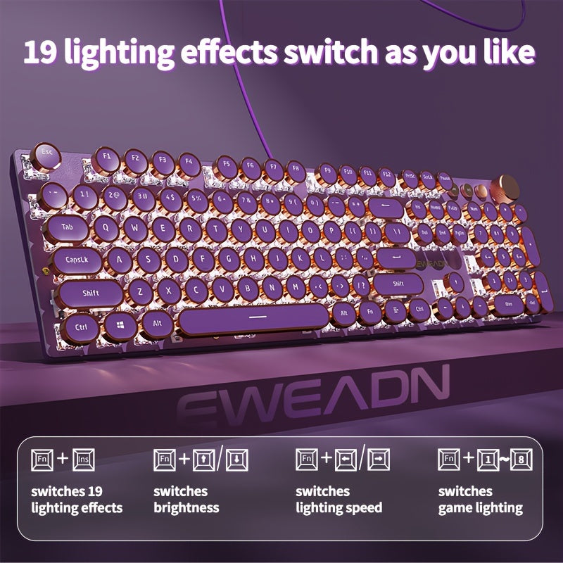 [Retro Typewriter Keyboard] EWEADN V20 Retro Typewriter Mechanical Gaming Keyboard | Full Size 104 Keys, Purple & Golden Vintage Design, LED Backlit, Pink Switches, Ergonomic Anti-Splash, Multimedia Knob, USB Wired for PC/Lap